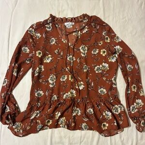 Moa Moa Rust Floral Ruffle-Hem Peasant Blouse
